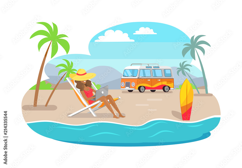 Freelancer Woman in Big Straw Hat Resting Seashore Freelancer Woman in Big Straw Hat Resting Seashore