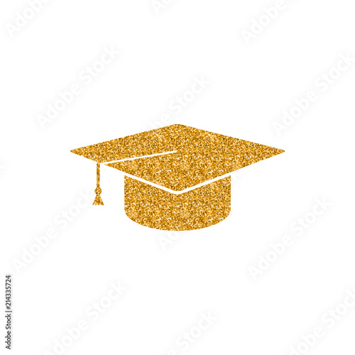 Graduation hat icon in gold glitter texture. Sparkle luxury style vector illustration.