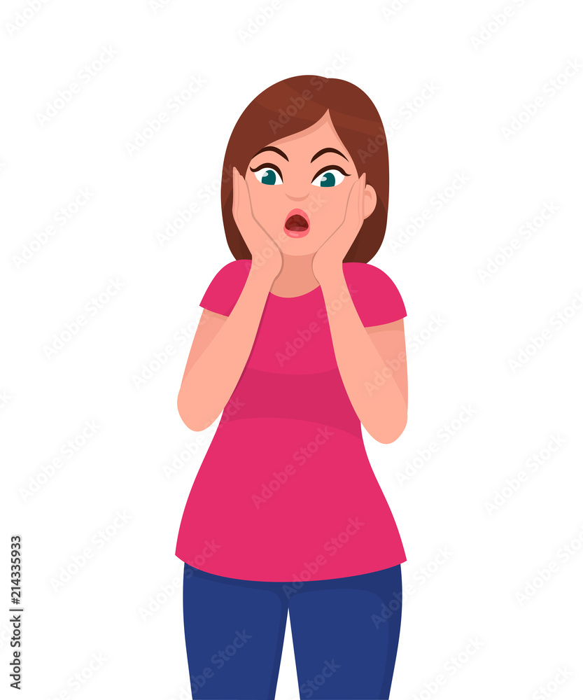 Shocked pretty young woman facial expression. Vector illustration in cartoon style. Shocked pretty young woman facial expression. Vector illustration in cartoon style.