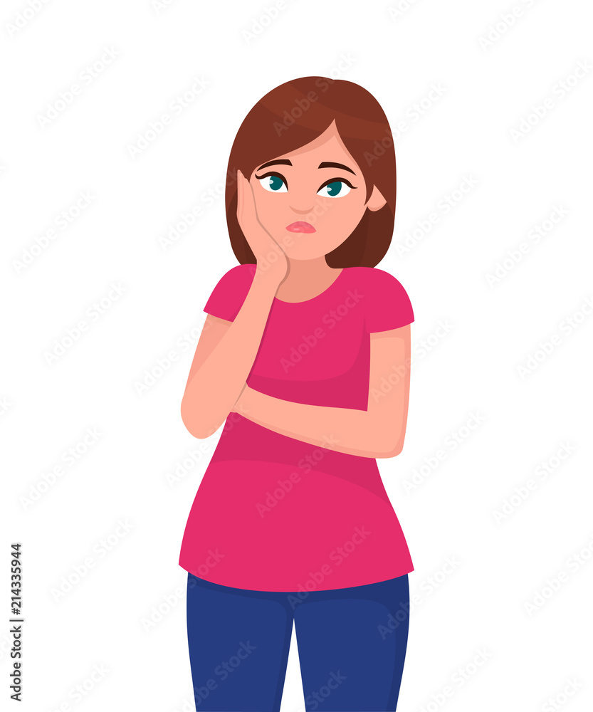 Young woman sad or unhappy expression. Vector illustration in cartoon style.