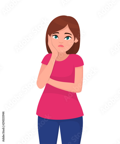 Young woman sad or unhappy expression. Vector illustration in cartoon style.