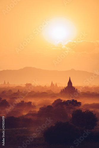 The beautiful sunset over the ancient temple in Bagan the first kingdom of Myanmar.
