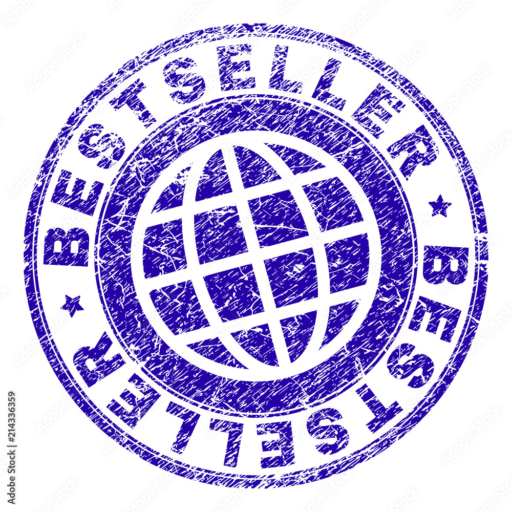 BESTSELLER stamp imprint with grunge texture. Blue vector rubber seal imprint of BESTSELLER caption with grunge texture. Seal has words placed by circle and planet symbol.