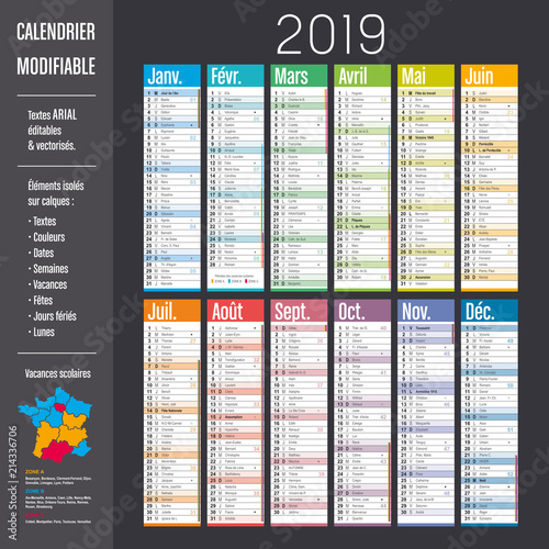 Calendrier 2019 modifiable (éléments isolés sur calques, textes en ARIAL éditables et vectorisés)