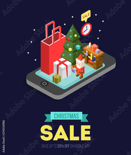 Wallpaper Mural Christmas sale online shopping isometric vector illustration.Internet shop store in Smartphone with Christmas gifts, fireplace, Christmas tree and Santa. Torontodigital.ca