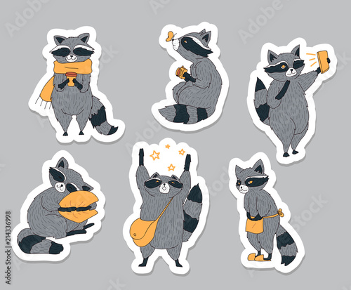 Cute racoons set isolated on grey background. Cute animal characters for stickers, flyers, invitations or greeting cards. Vector illustration.