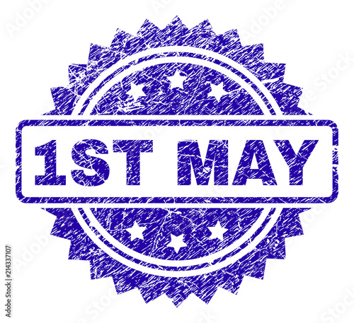 1ST MAY stamp watermark with scratched style. Blue vector rubber seal print of 1ST MAY title with unclean texture.