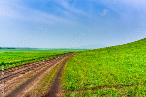 A muddy soil road in the grassland