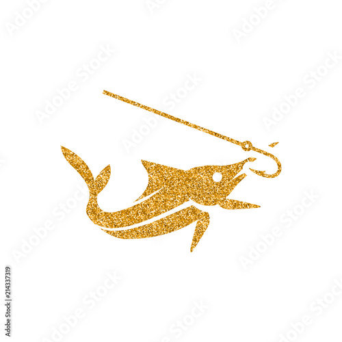 Hooked fish icon in gold glitter texture. Sparkle luxury style vector illustration.