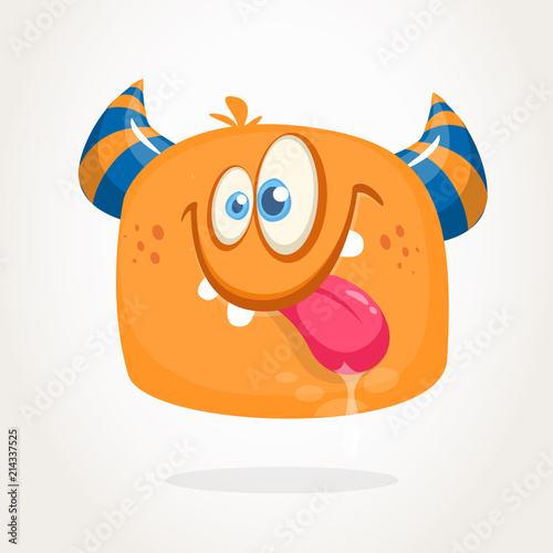 Happy orange cartoon horned monster. Tired monster emotion showing his tongue. Halloween vector illustration