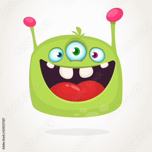 Happy green cartoon alien with three eyes. Smiling monster emotion showing his tongue. Halloween vector illustration