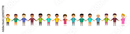 Pupils and kids holding hands. Children's group of school children stands in row. Happy crowd of pupils on white background.