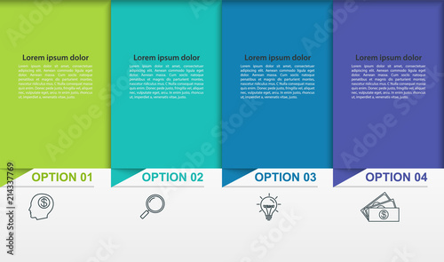 Business infographics with 4 colorful steps or processes. Timeline with linear pictograms.