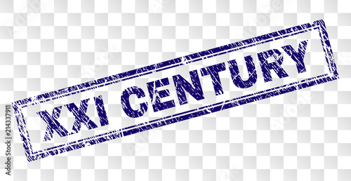 XXI CENTURY stamp seal print with rubber print style and double framed rectangle shape. Stamp is placed on a transparent background. Blue vector rubber print of XXI CENTURY text with unclean texture.