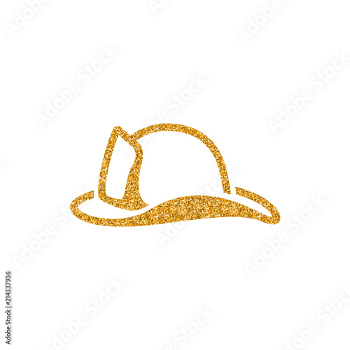 Fireman hat icon in gold glitter texture. Sparkle luxury style vector illustration.