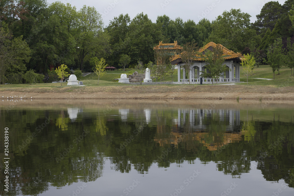 Oriental Japanese Garden Architecture on Lake in Canberra