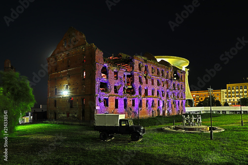 Volgograd, Russia - June 30 2018: view on the Gerhardt Mill in the night, the old building ruined during the great Patriotic War The part of Second World War. Gerhardt Mill is the symbol of Volgograd 