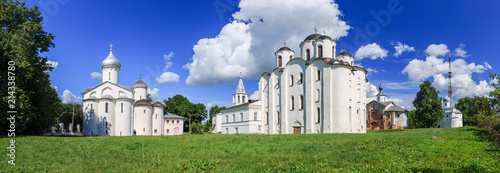 Panorama of ancient churches on Yaroslav Courtyard in historical center. Veliky Novgorod (Novgorod the Great), Russia. 