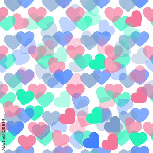 Cute hearts pattern in pastel colors. Sweet love poster, banner template. Illustration can be used as print for fabric, apparel, clothes, cards, packaging design for birthday. Colorful EPS 10 file.