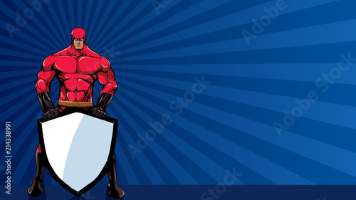 Powerful superhero holding big shield with copy space.