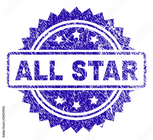 ALL STAR stamp imprint with corroded style. Blue vector rubber seal print of ALL STAR title with corroded texture.