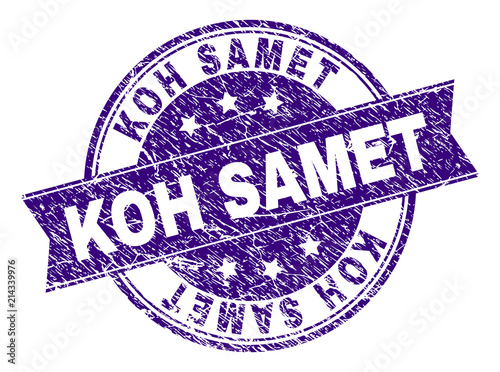 KOH SAMET stamp seal watermark with grunge texture. Designed with ribbon and circles. Violet vector rubber print of KOH SAMET text with dirty texture.