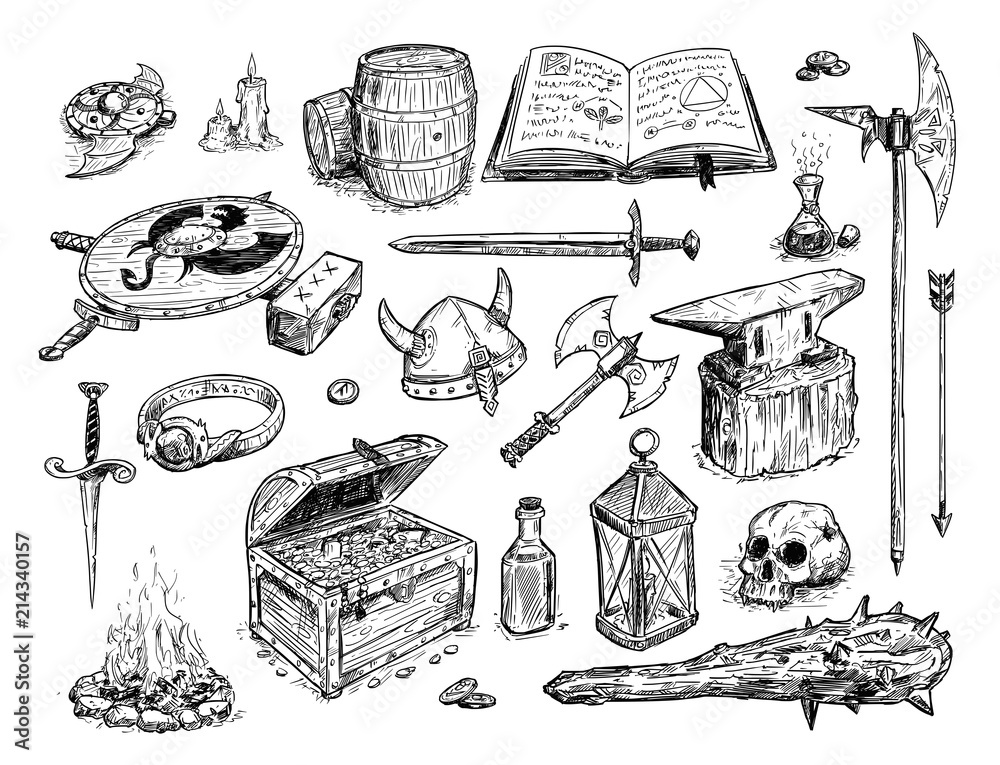 Naklejka premium Wektorowy artystyczny pióra i atramentu doodle rysunku ilustracja set fantazja podpiera lub przedmioty, przeważnie bronie i magiczne rzeczy.