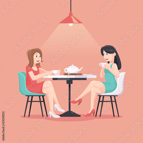 Beautiful women in a cafe illustration in pastel colors. Girlfriends. Friendship concept art. Friendship Day poster. Female friendship.