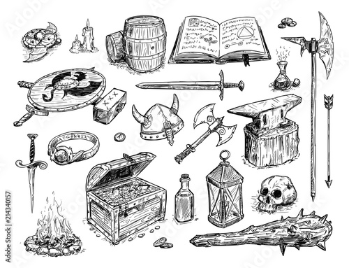 Vector artistic pen and ink doodle drawing illustration of set of fantasy objects or prop, mostly weapons and magic items.
