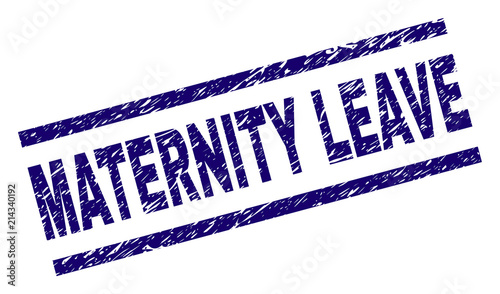 MATERNITY LEAVE stamp seal watermark with distress style. Blue vector rubber print of MATERNITY LEAVE text with corroded texture. Text tag is placed between parallel lines.