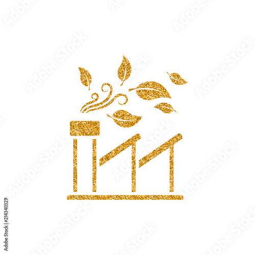 Green factory icon in gold glitter texture. Sparkle luxury style vector illustration.