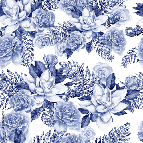 A bright watercolor pattern with flowers of a rose and  succulent. With leave...