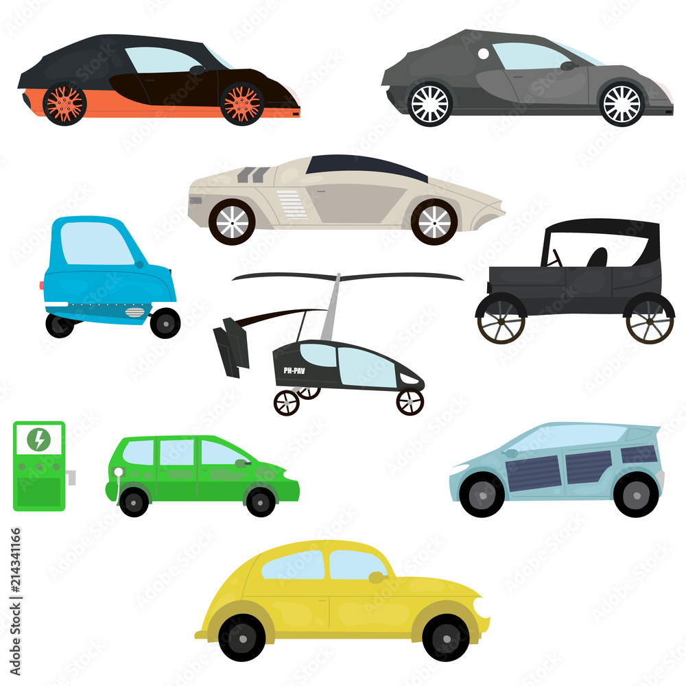 Cartoon transport set. Cabriolet, minivan, hatchback, coupe, sedan, limousine, pickup, bead. Vector illustration