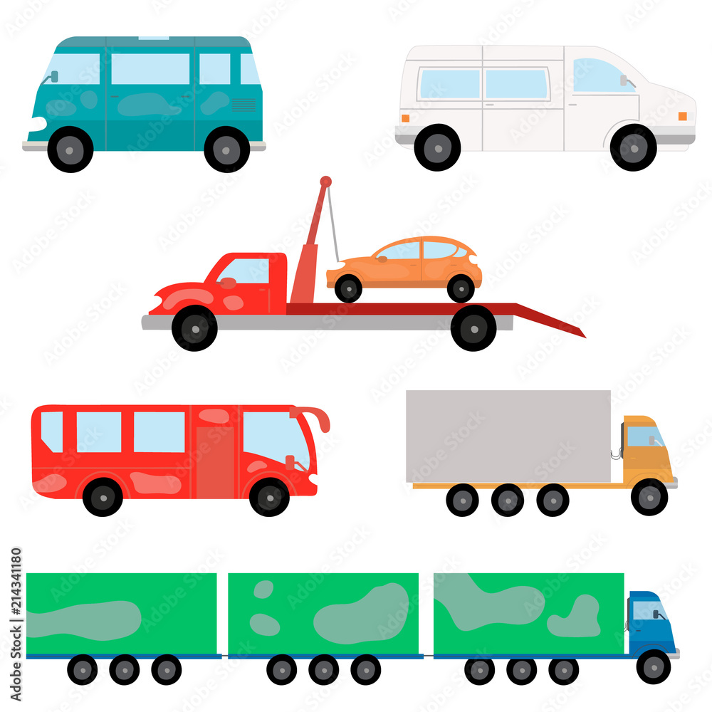 Cartoon transport set. Truck, bus, semi-trailer truck. Vector illustration  Stock Vector | Adobe Stock