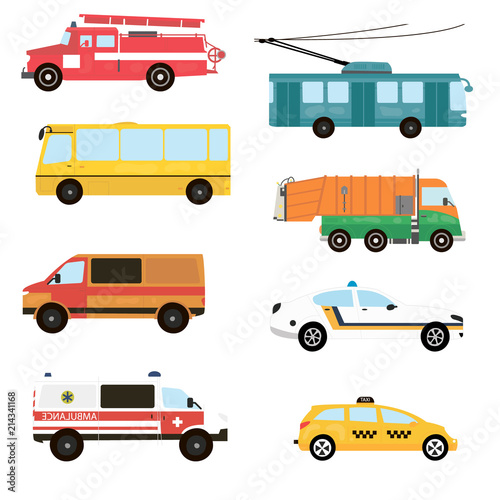 Cartoon transport set. Fire truck, trolley, bus, emergency, taxi, ambulance. Vector illustration © friendlyvector
