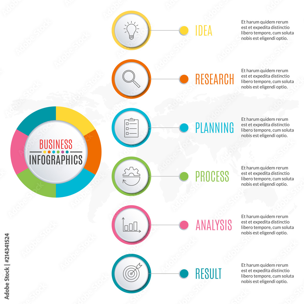 Naklejka premium 6 steps infographic design. Template for diagram, graph and chart. Timeline design with 6 levels, options, circles. Business presentation concept. Vector illustration.