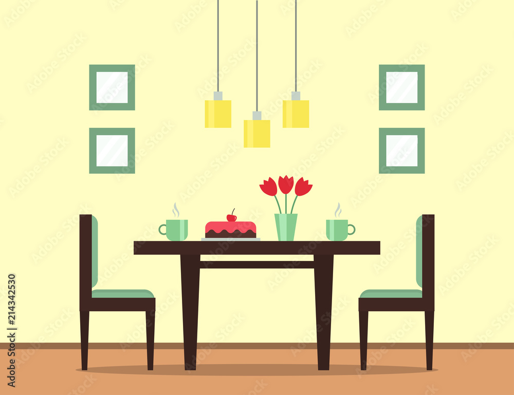 The interior of the dining room. Dining table with cake, cups with tea or coffee, flowers and chairs. Flat style vector illustration.