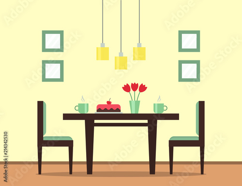 The interior of the dining room. Dining table with cake, cups with tea or coffee, flowers and chairs. Flat style vector illustration.