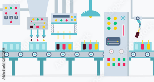 The conveyor for the production of ice creams with chocolate, strawberry and lemon.  Flat cartoon style illustration. The factory of ice creams.