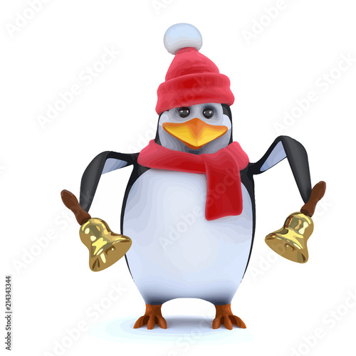 Vector 3d Winter penguin rings his brass bells