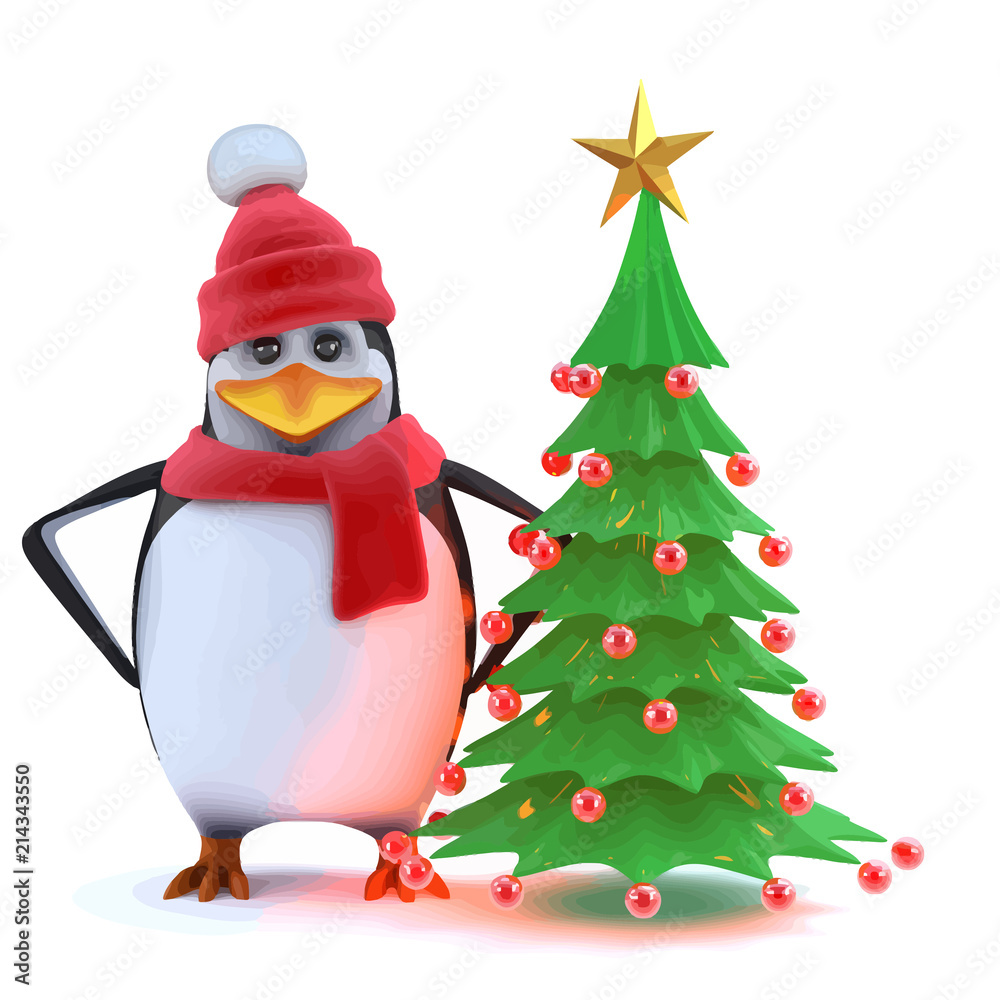 Fototapeta premium Vector 3d Winter penguin with his Christmas tree