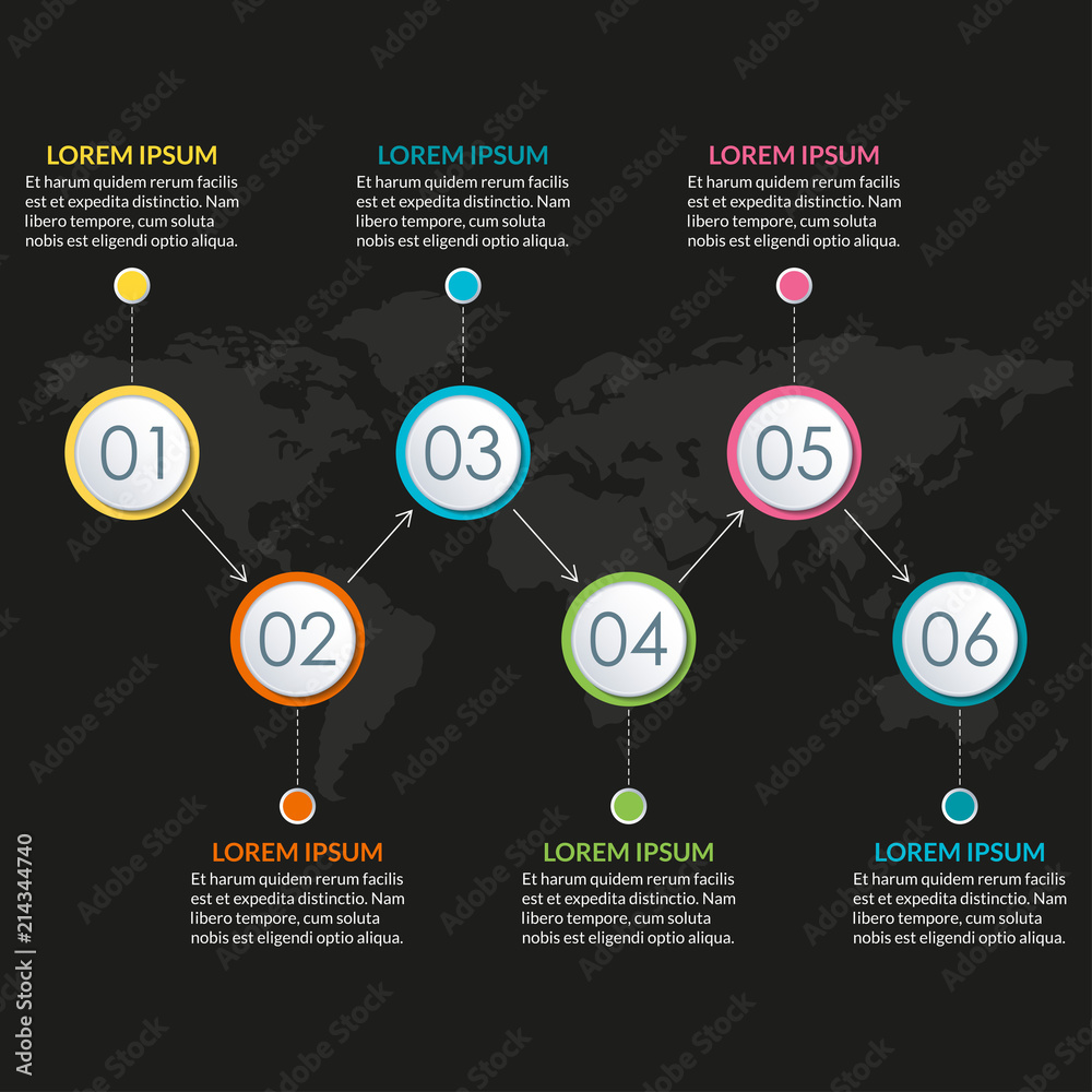 6 steps infographic design. Template for diagram, graph and chart. Timeline design with 6 levels, options, circles. Business presentation concept. Vector illustration. 6 steps infographic design. Template for diagram, graph and chart. Timeline design with 6 levels, options, circles. Business presentation concept. Vector illustration.