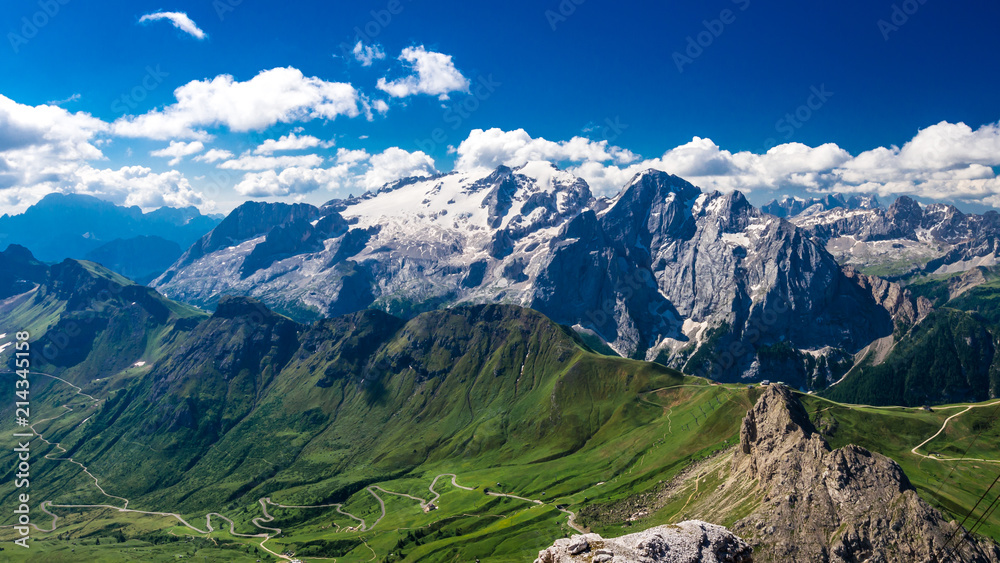 Naklejka premium Marmolada massif, Dolomiti, Itay. Beautiful view over the Marmolada glacier and Pordoi Pass from gruppo Sella and Piz Boe peak