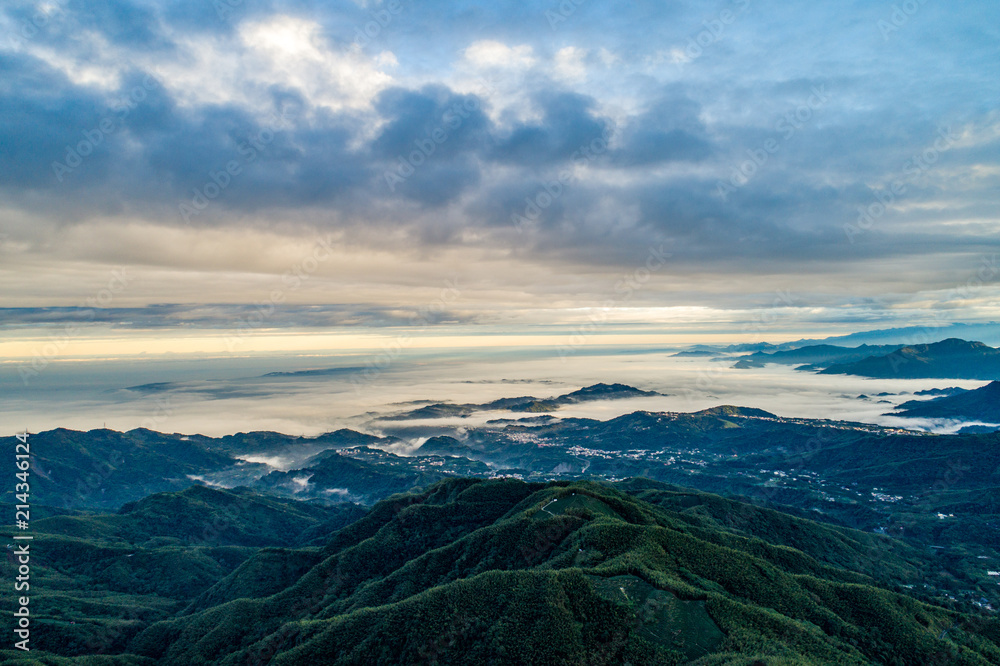 Sea of clouds over the high mountains in the tea plantation area