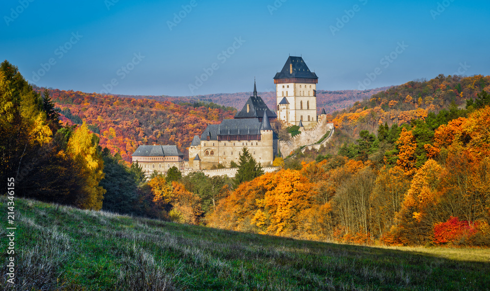 Karlstejn gothic castle near Prague, the most famous castle in Czech Republic, autumn season