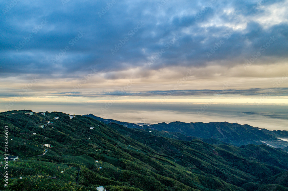 Sea of clouds over the high mountains in the tea plantation area