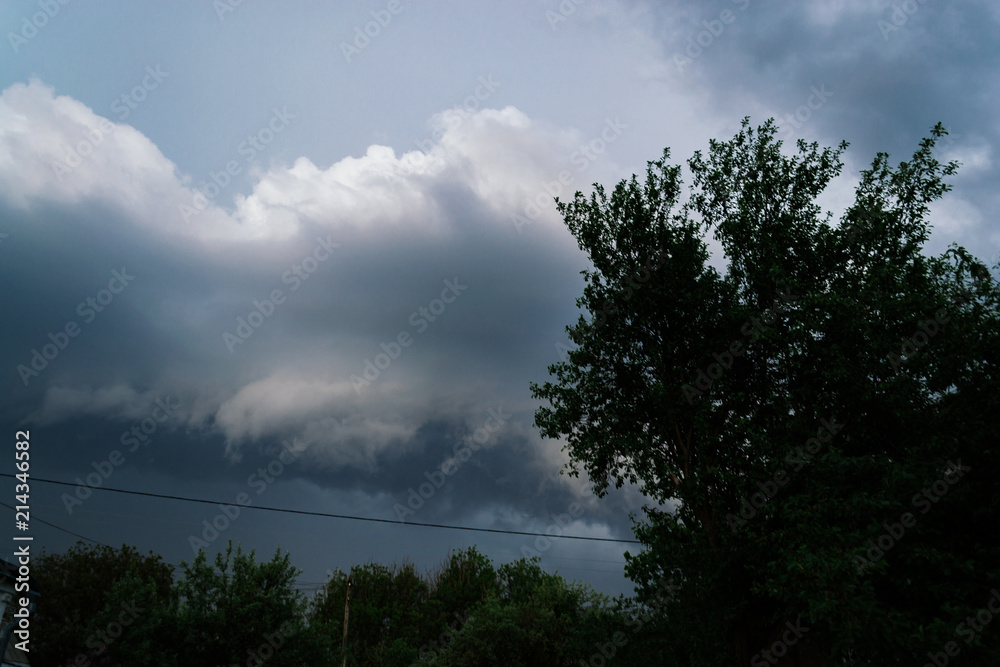Extreme thunderstorm shelf cloud. Summer landscape of severe weather Extreme thunderstorm shelf cloud. Summer landscape of severe weather
