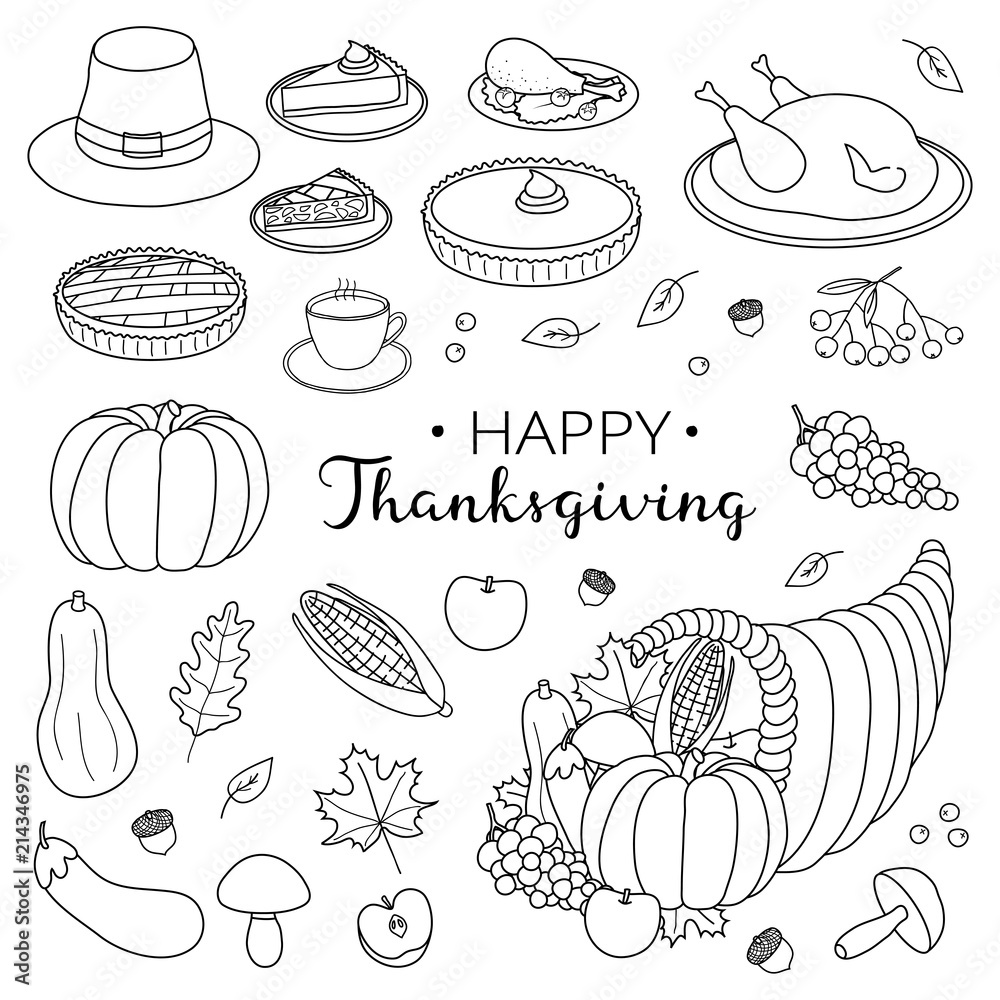 Set of hand drawn thanksgiving items.
