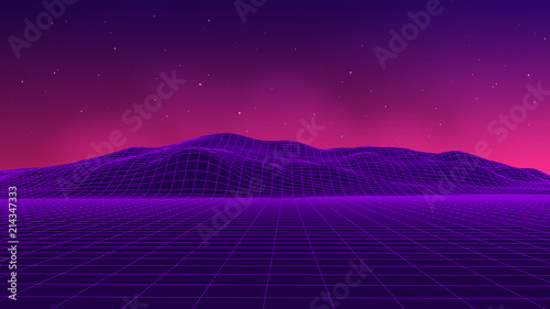 Abstract futuristic landscape 1980s style. Vector illustration 80s party background . 80s Retro Sci-Fi background.