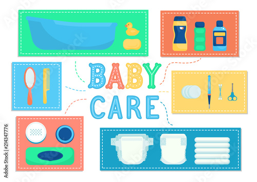 Baby care supplies. Cute baby care infographic. Vector illustration.